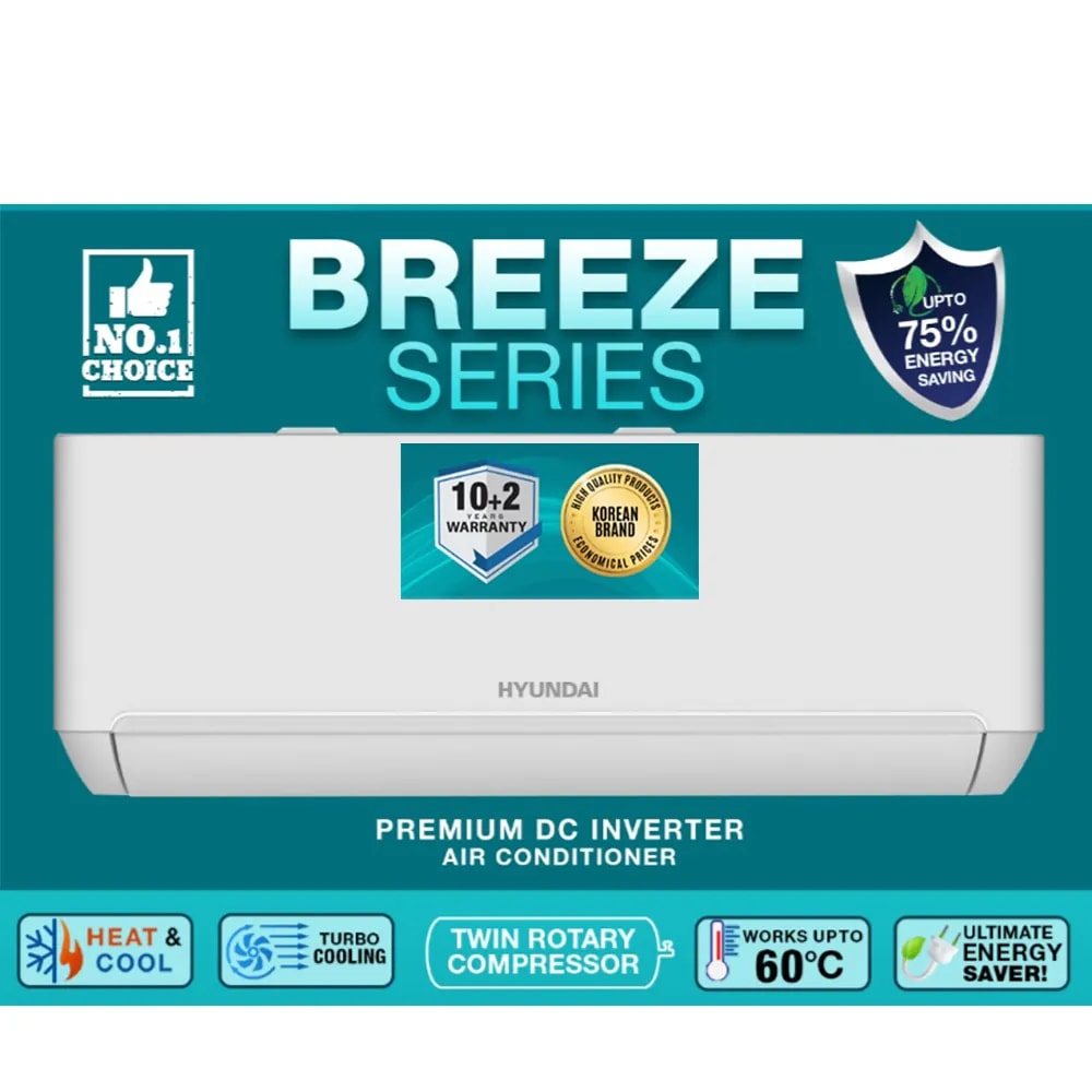 Hyundai HAC-18KBZ Breeze Series 1.5 Ton Full DC Inverter Heat and Cool, Wifi Built-in, Twin Rotary Compressor, Ampere Lock Feature, 75% Ener